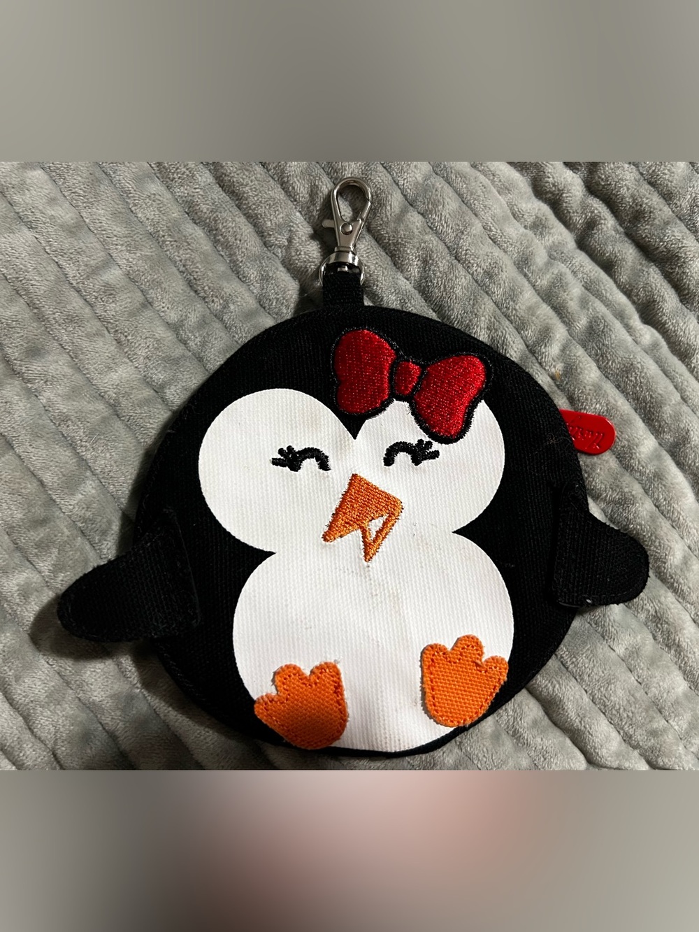 thirty-one Black Penguin Coin Pouch with Red Bow and Orange Feet
